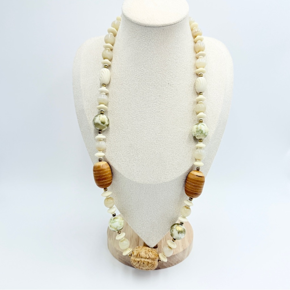 Vintage Style Boho Beaded Necklace Cream Shell, Earth-Tone Stone & Wood Beads